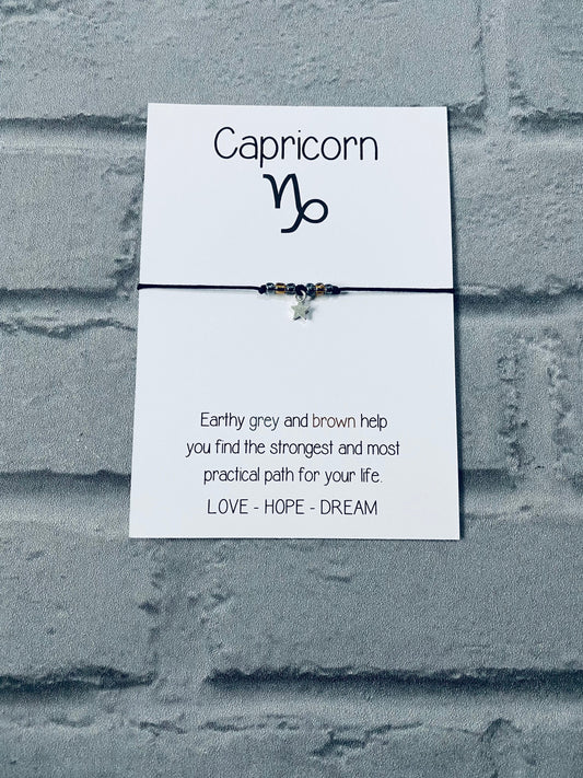 Capricorn Zodiac Bracelet: Silver Star Sign, Adjustable Cord