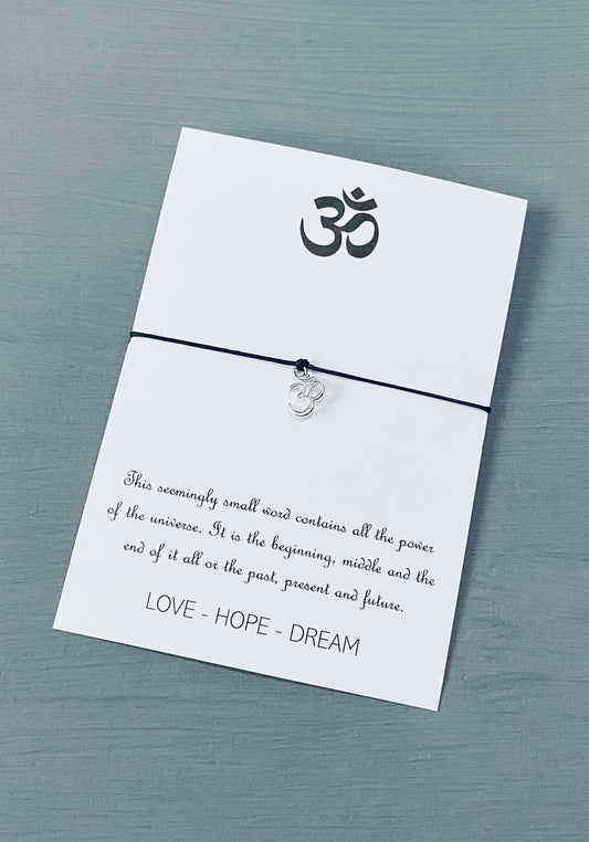 Silver Om Charm Bracelet: Adjustable Wax Cord, Yoga Jewelry