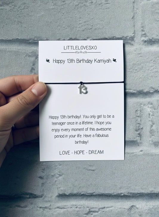 13th Birthday Bracelet: Tibetan Silver Charm, Adjustable Cord