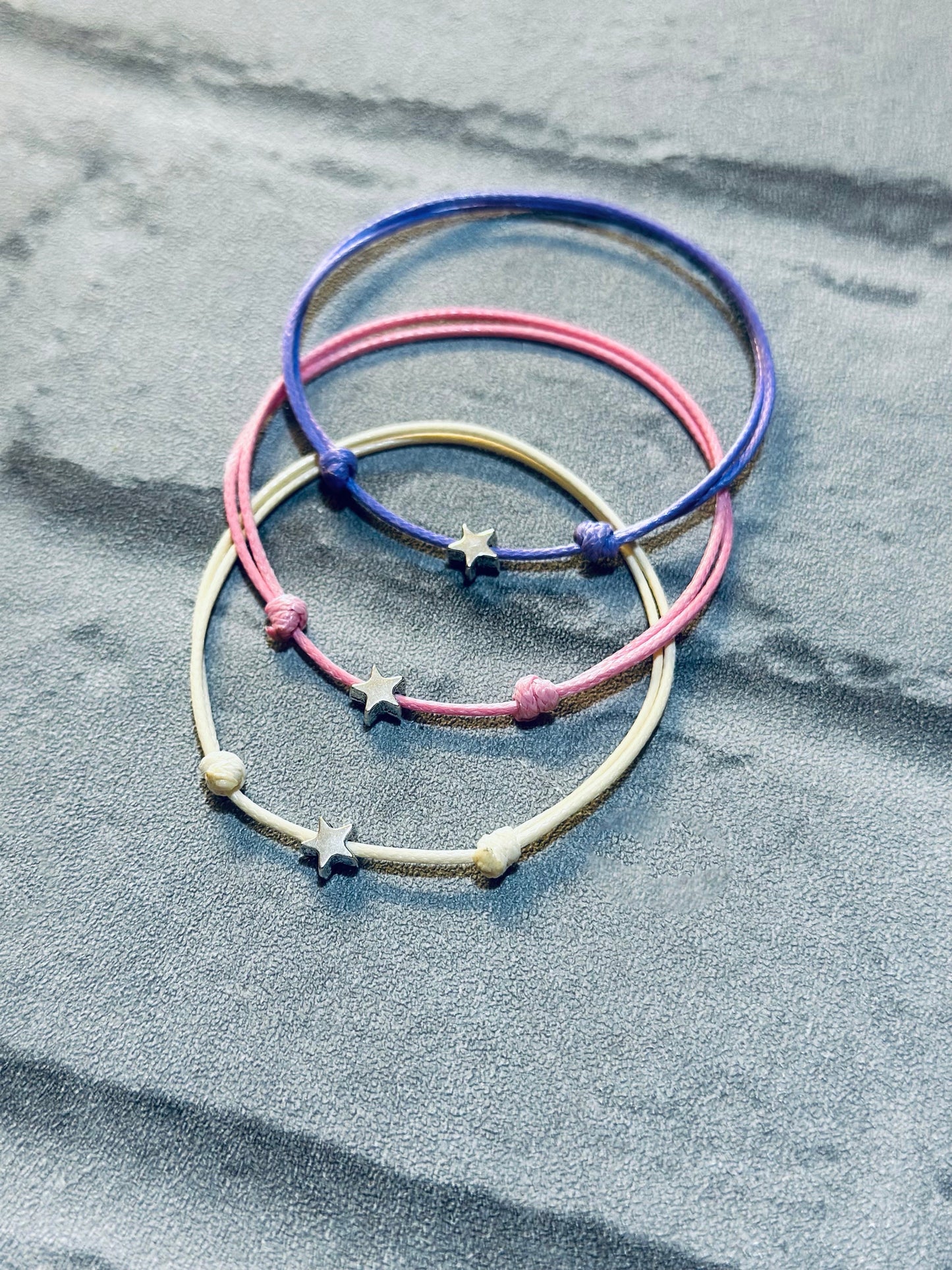 Adjustable Waxed Cord Bracelet Set: Silver Star Charm Friendship Anklet