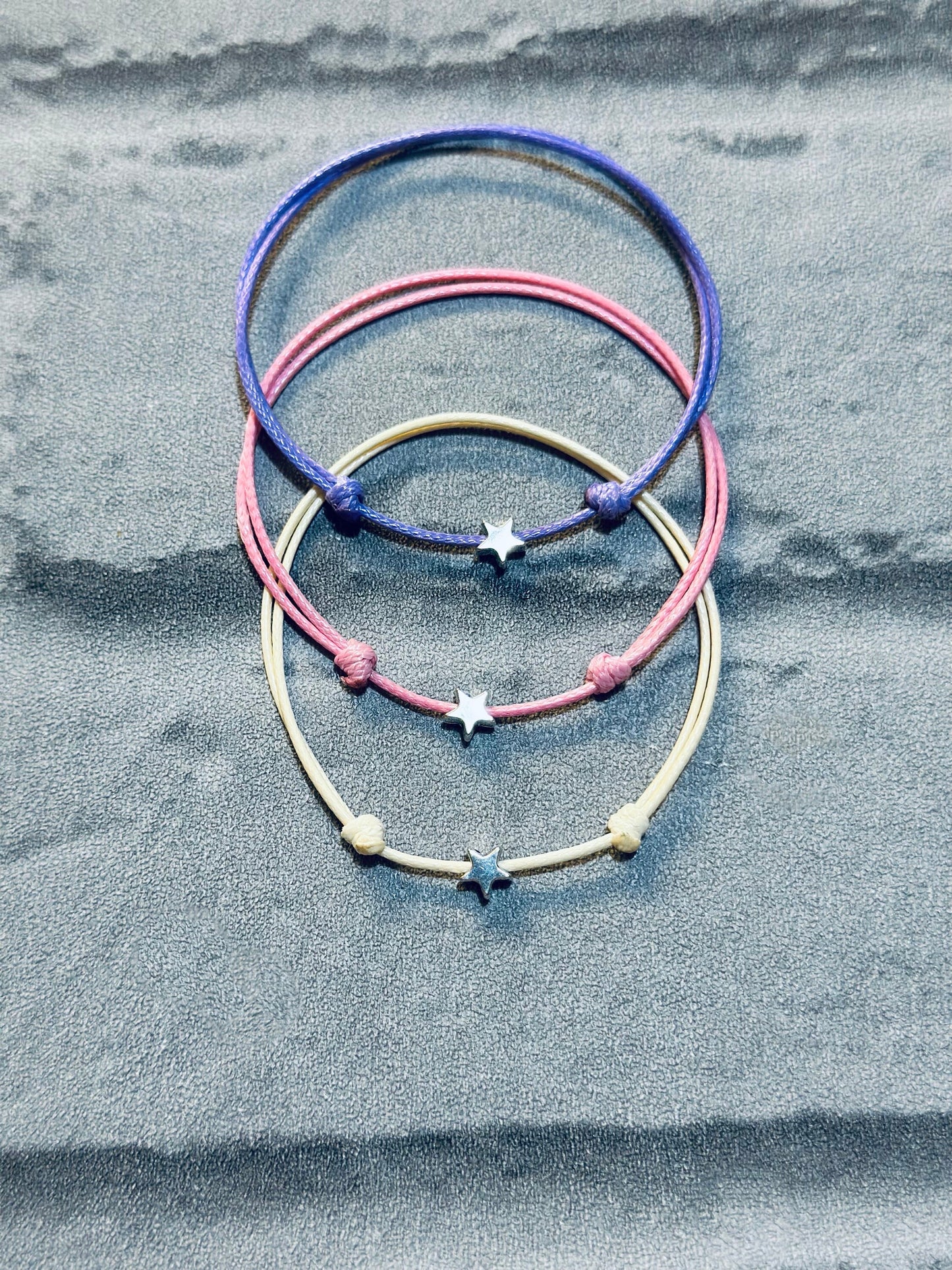 Adjustable Waxed Cord Bracelet Set: Silver Star Charm Friendship Anklet
