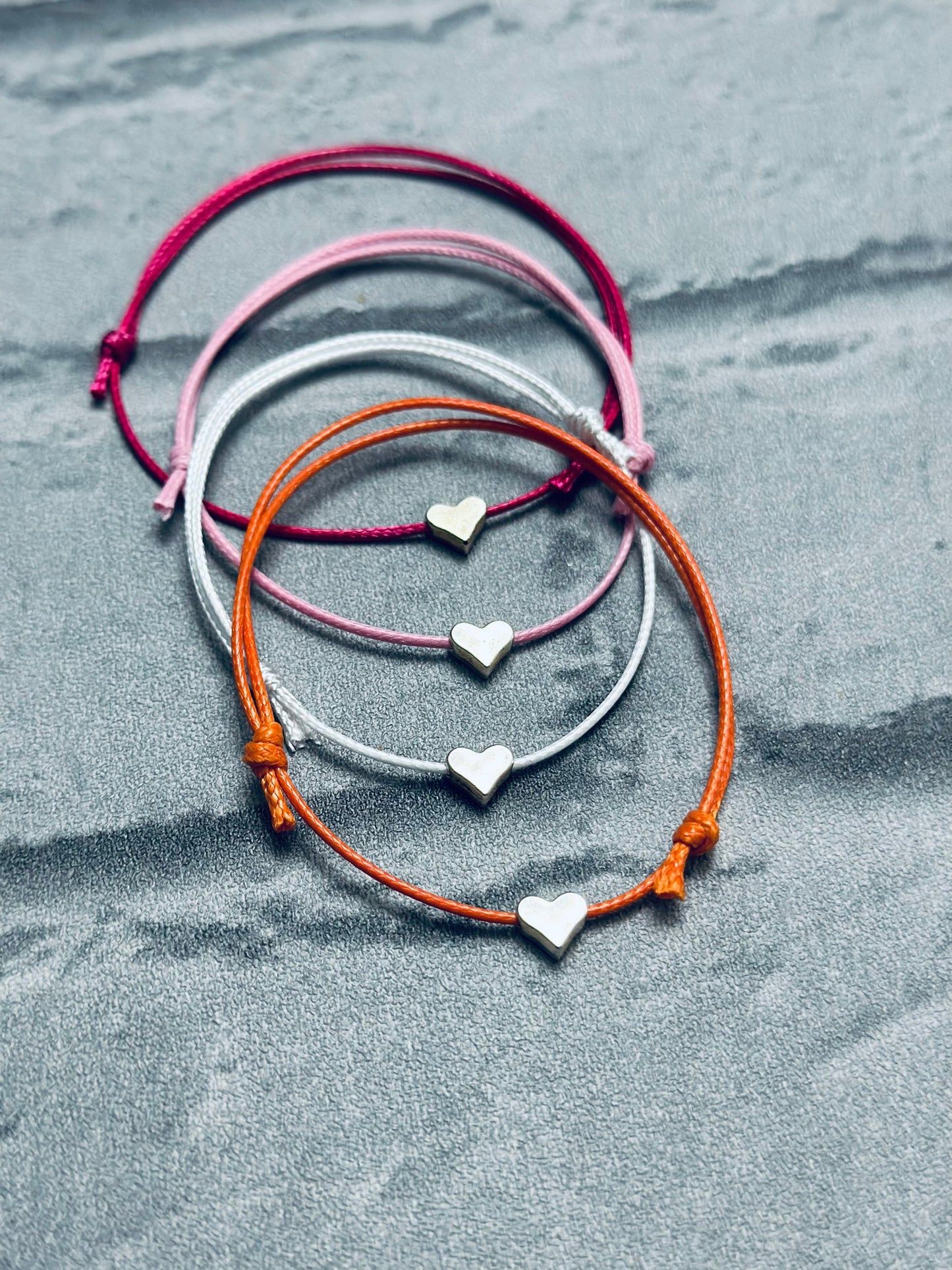 Adjustable Waxed Cord Bracelet: Silver Heart Charm Friendship Anklet
