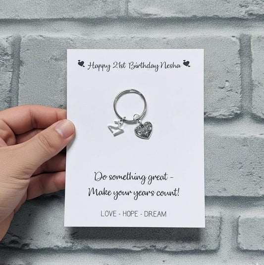 21st Birthday Keepsake: Heart & Number Charm Keyring