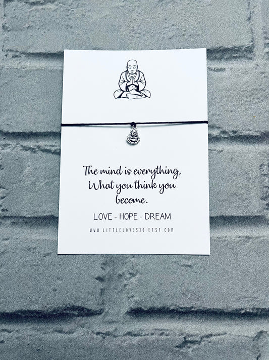 Buddha Wish Bracelet: Tibetan Silver Charm, Black Wax Cord