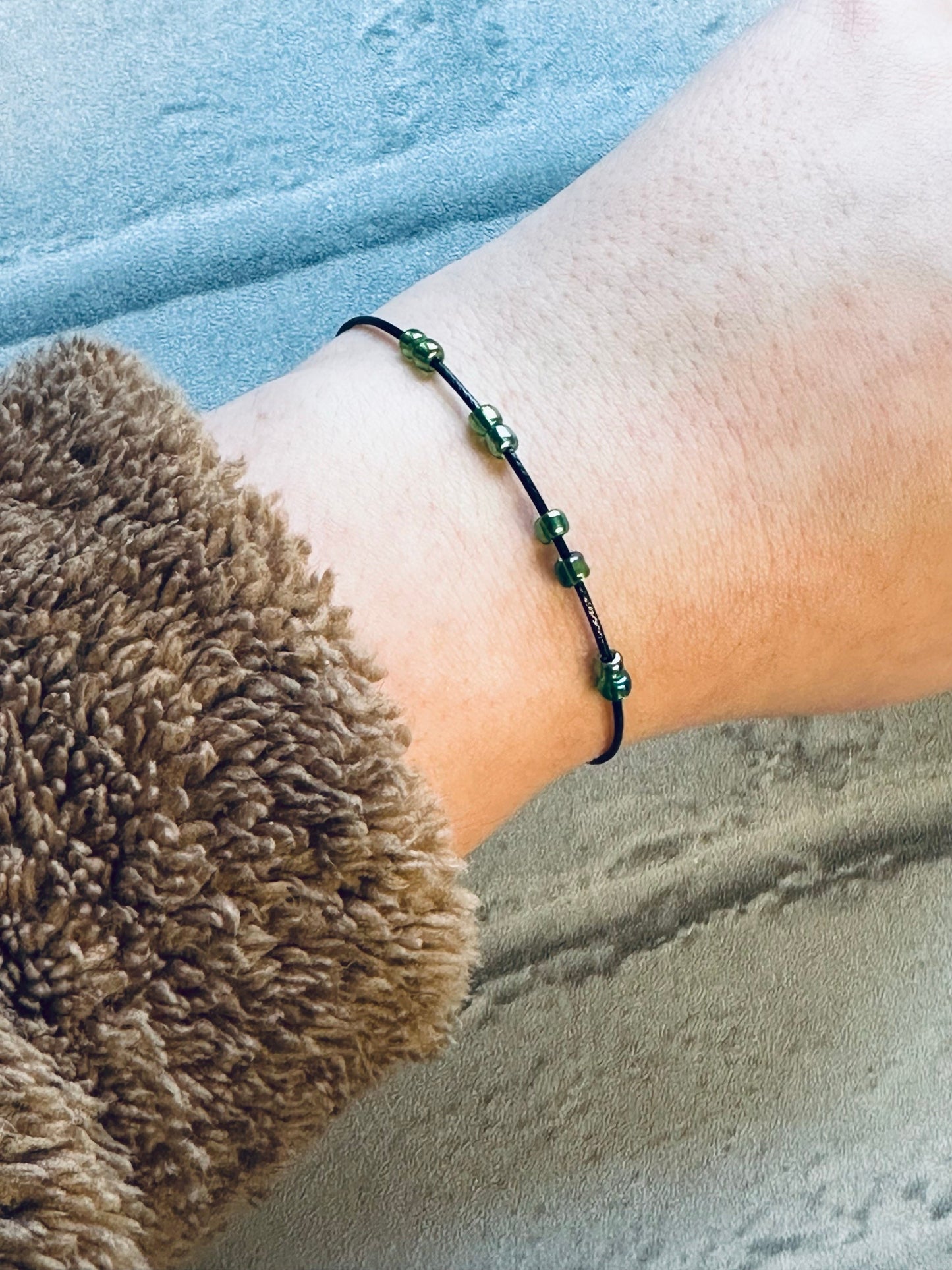 Adjustable Fidget Bracelet: Black String with Green Beads