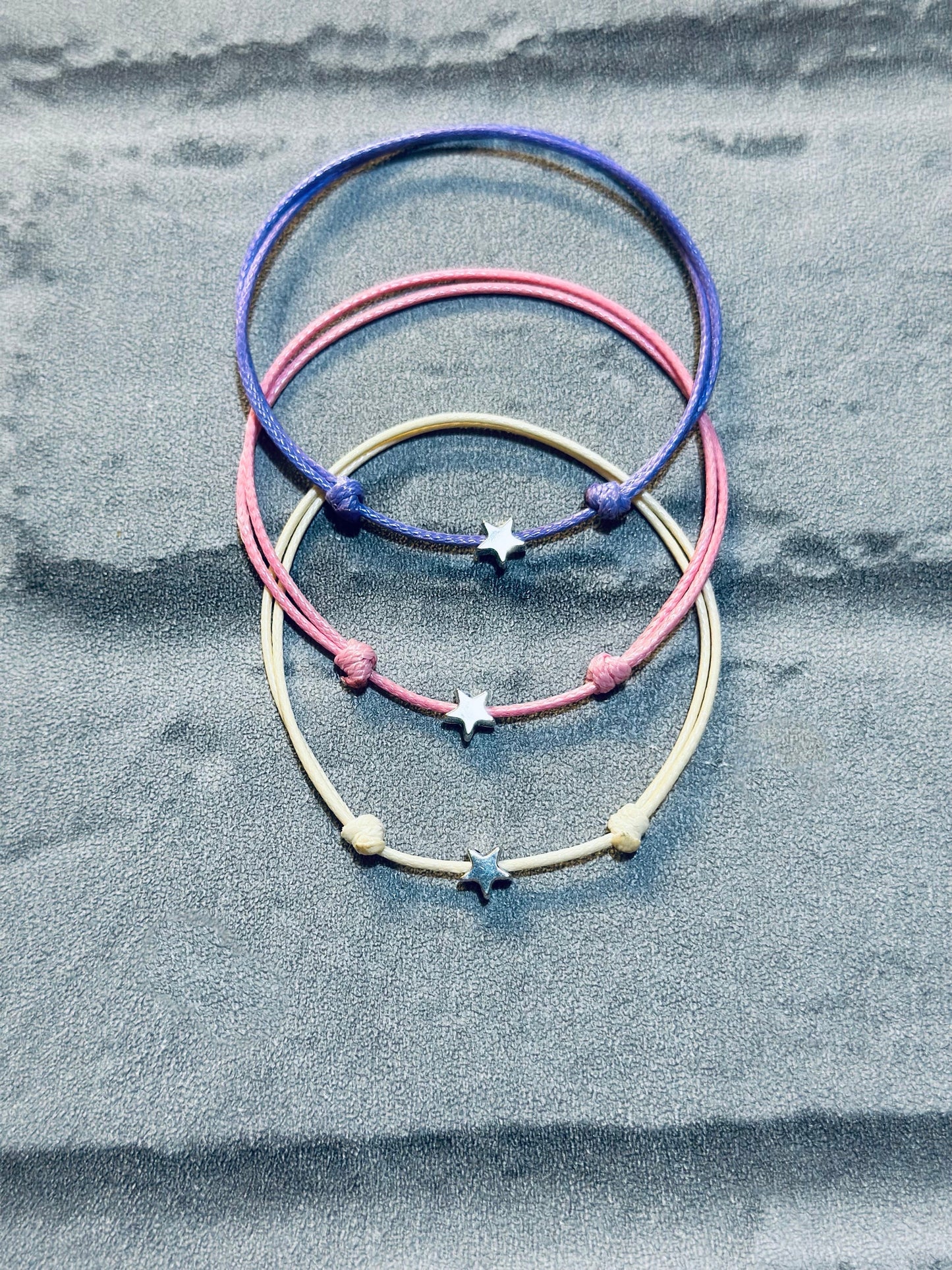 Adjustable Waxed Cord Bracelet Set: Silver Star Charm Friendship Anklet