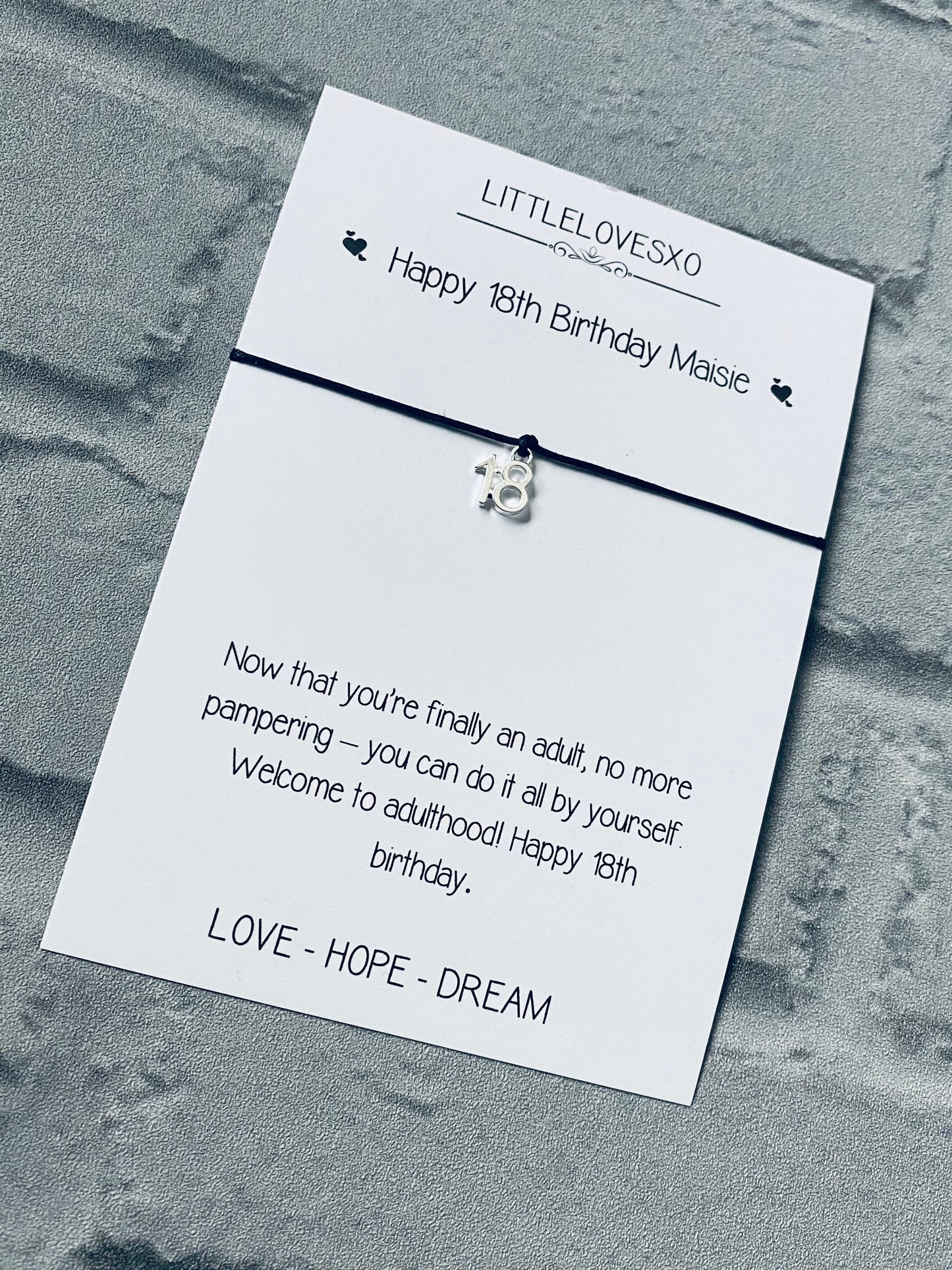 18th Birthday Bracelet Gift: Tibetan Silver Charm, Personalized Card