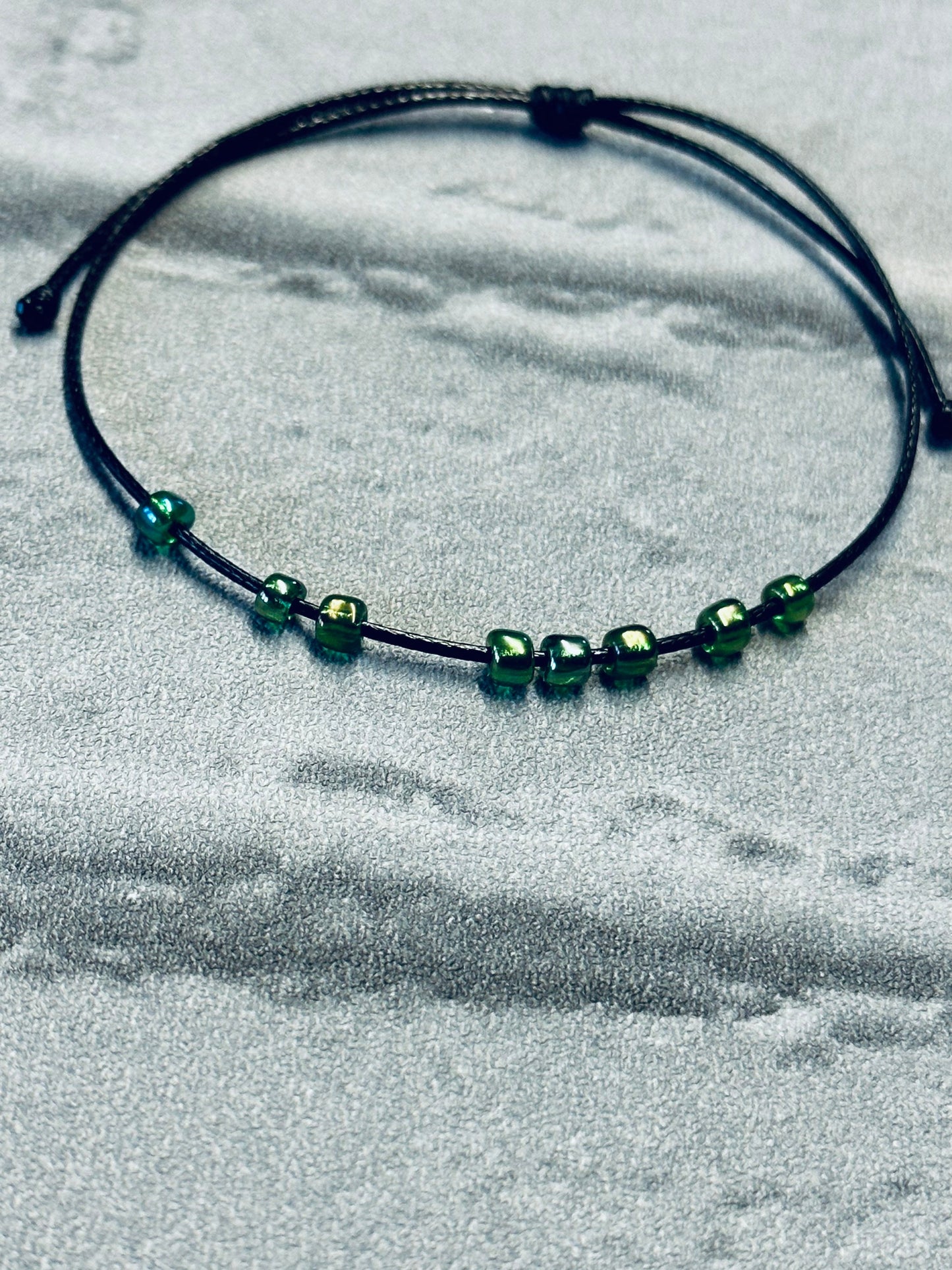 Adjustable Fidget Bracelet: Black String with Green Beads
