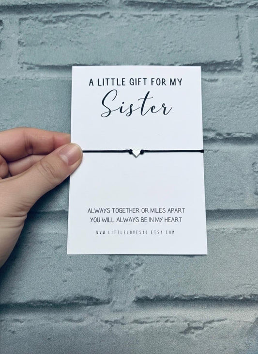 Sister Wish Bracelet: Silver Heart Charm, Adjustable Cord