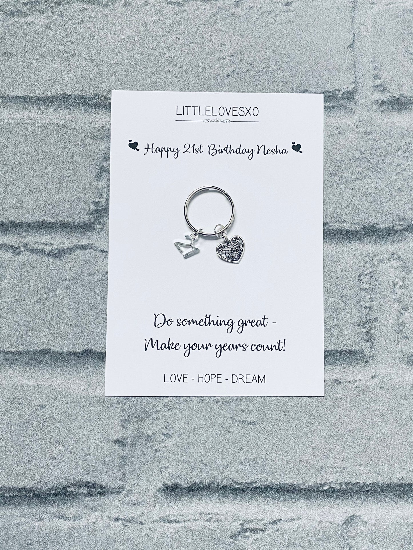 21st Birthday Keepsake: Heart & Number Charm Keyring