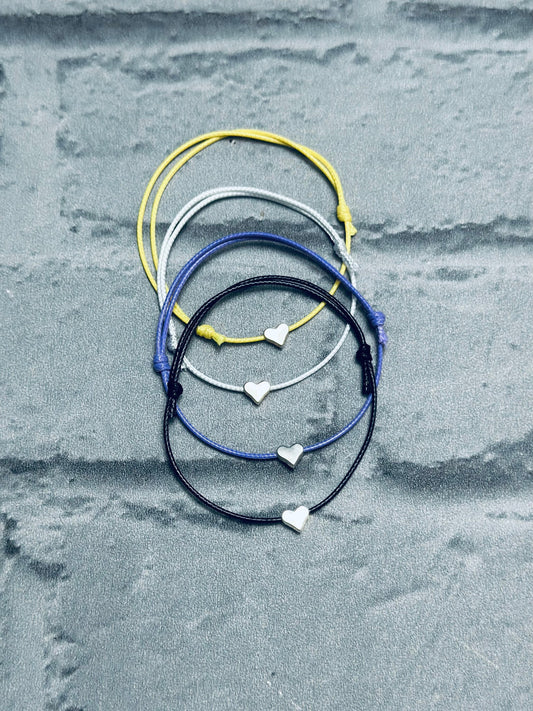 Adjustable Waxed Cord Bracelet: Silver Heart Charm, Friendship Anklet
