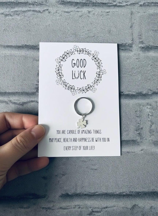Four Leaf Clover Keychain: Good Luck Charm, Silver Plated Keyring