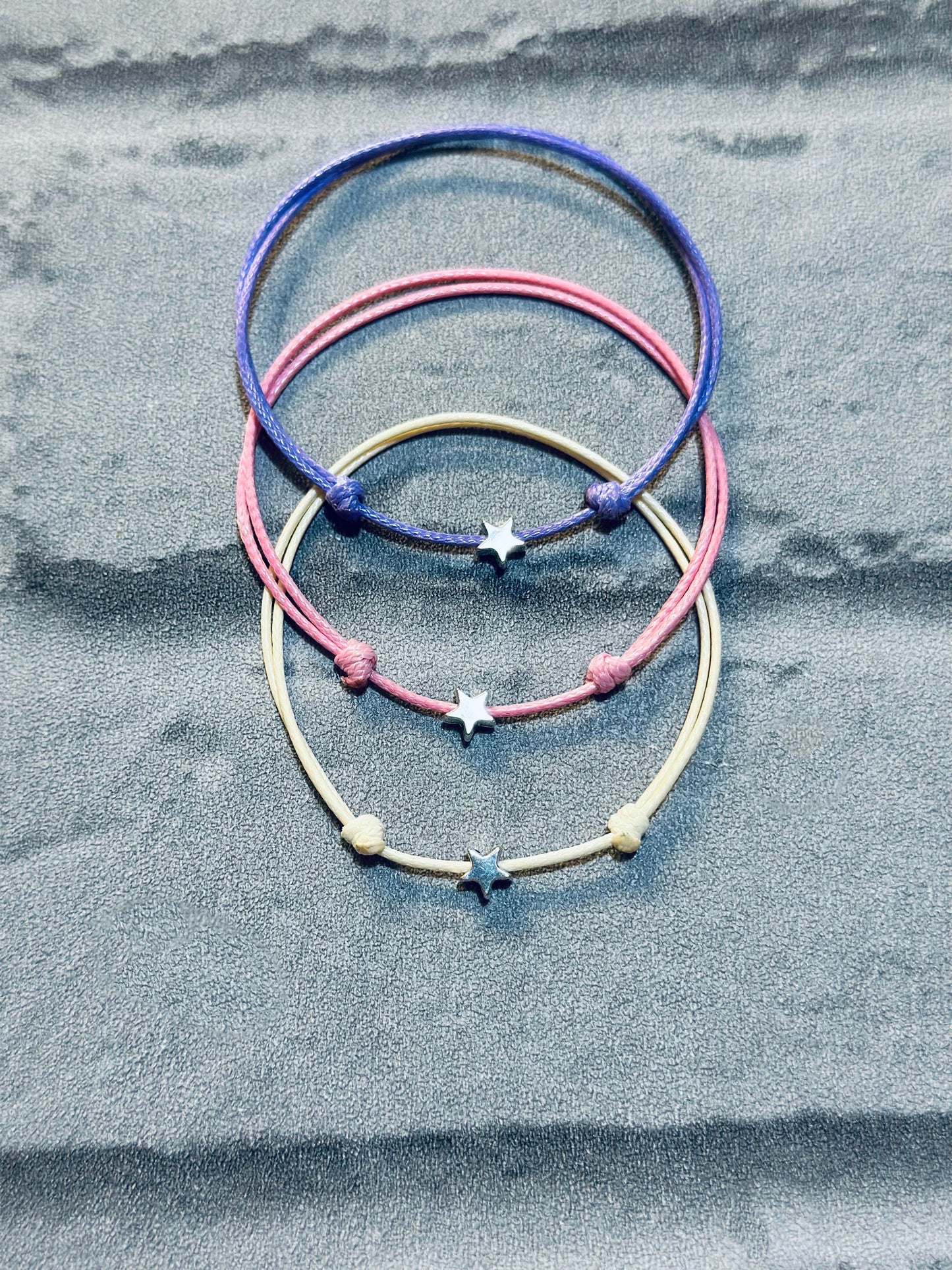 Adjustable Waxed Cord Bracelet Set: Silver Star Charm Friendship Anklet