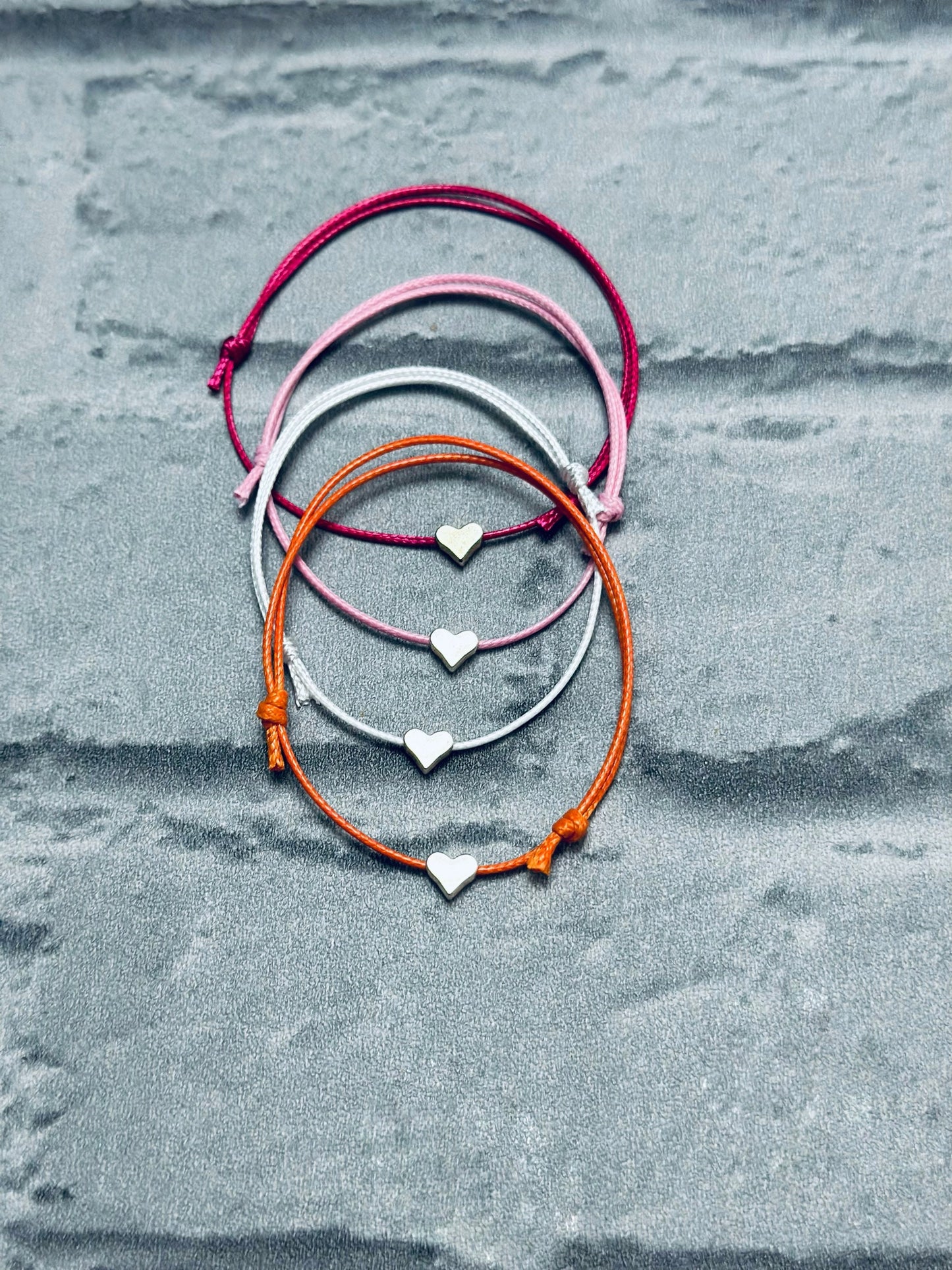 Adjustable Waxed Cord Bracelet: Silver Heart Charm Friendship Anklet