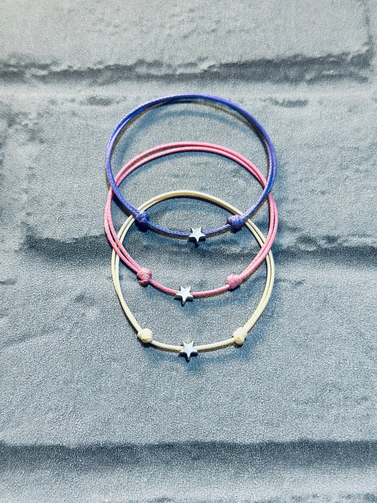 Adjustable Waxed Cord Bracelet Set: Silver Star Charm Friendship Anklet