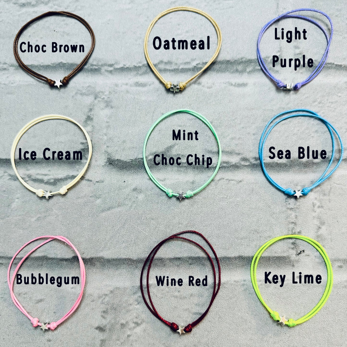 Adjustable Waxed Cord Bracelet, Silver Star Charm, Friendship Anklet