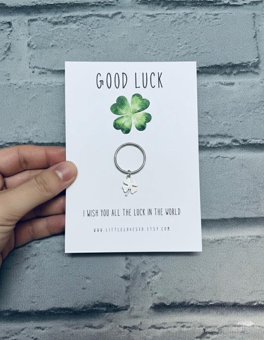 Four Leaf Clover Keychain: Good Luck Charm, Silver Plated Keyring