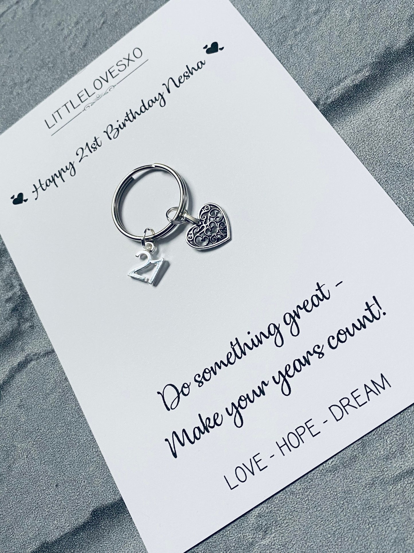 21st Birthday Keepsake: Heart & Number Charm Keyring