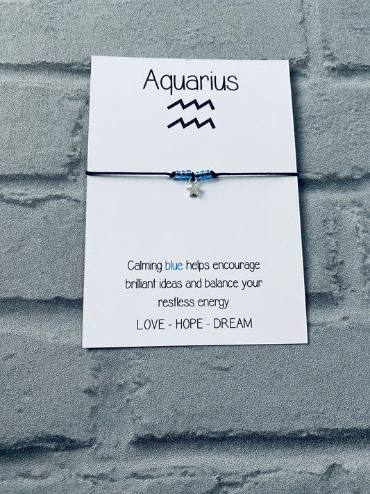 Aquarius Zodiac Bracelet: Blue Beads, Silver Star Charm