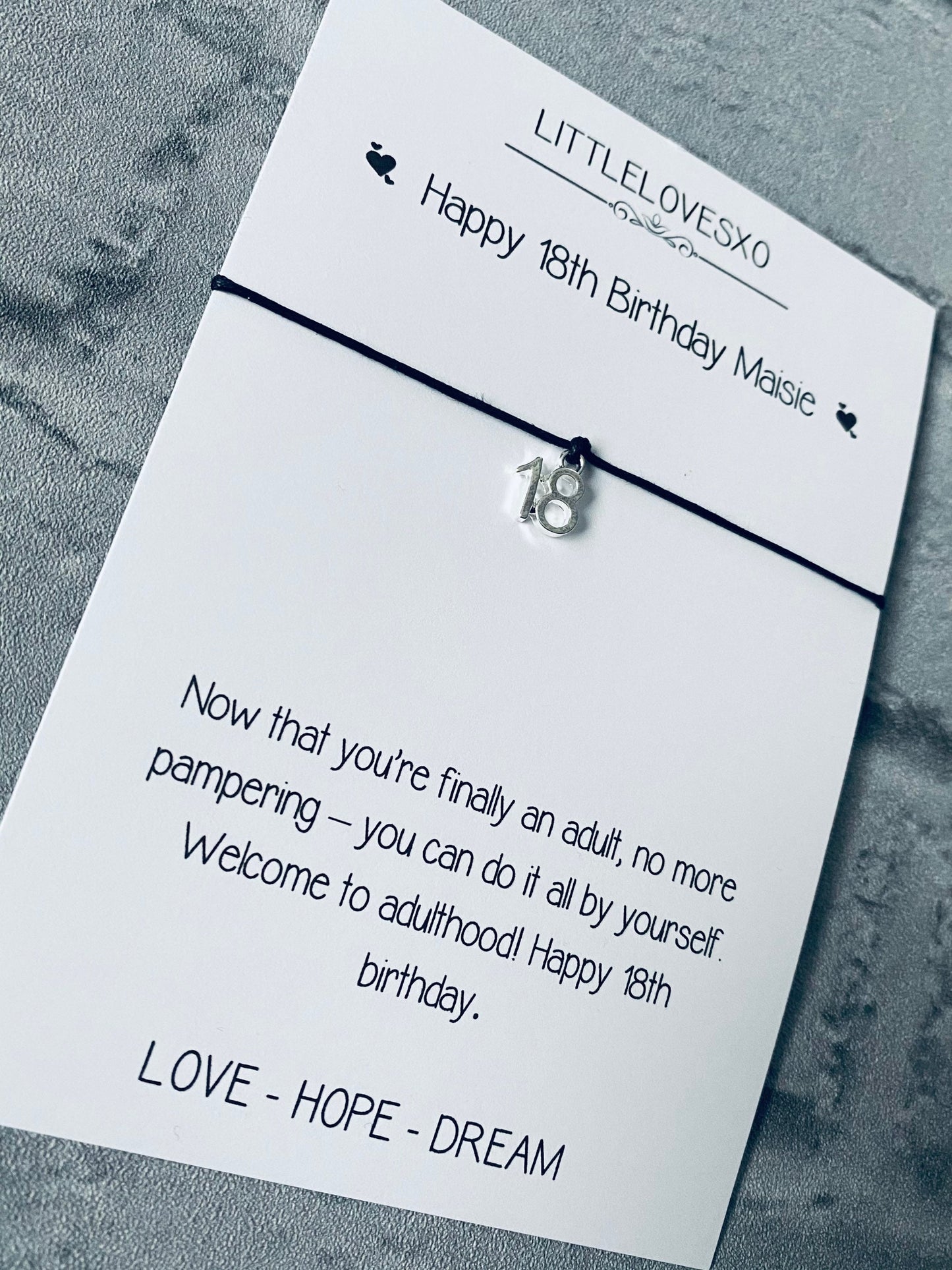 18th Birthday Bracelet Gift: Tibetan Silver Charm, Personalized Card